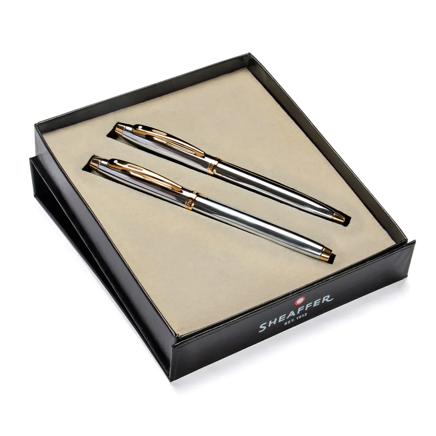 Sheaffer Gift Set 100 9340 Fountain Pen (M) and Rollerball Pen Bright Chrome with Gold Trims - Set of 2 Pens