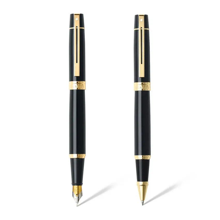 Sheaffer Gift Set 300 9325 Fountain Pen (M) and Rollerball Pen Glossy Black and Gold Trims - Set of 2 Pens