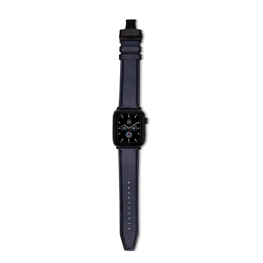 Lapis Bard Classic Leather Apple Watch Strap with Deployment - Navy Blue