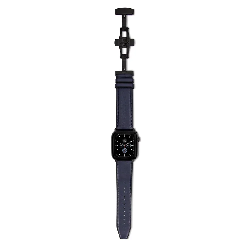 Lapis Bard Classic Leather Apple Watch Strap with Deployment - Navy Blue