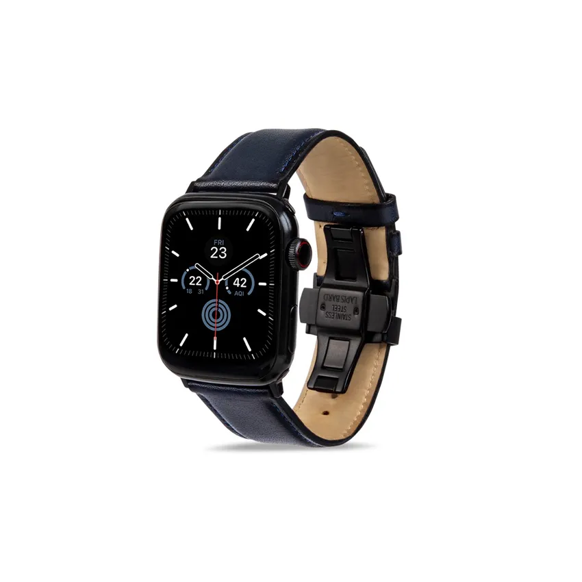 Lapis Bard Classic Leather Apple Watch Strap with Deployment - Navy Blue