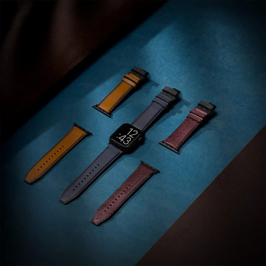 Lapis Bard Classic Leather Apple Watch Strap with Deployment - Navy Blue