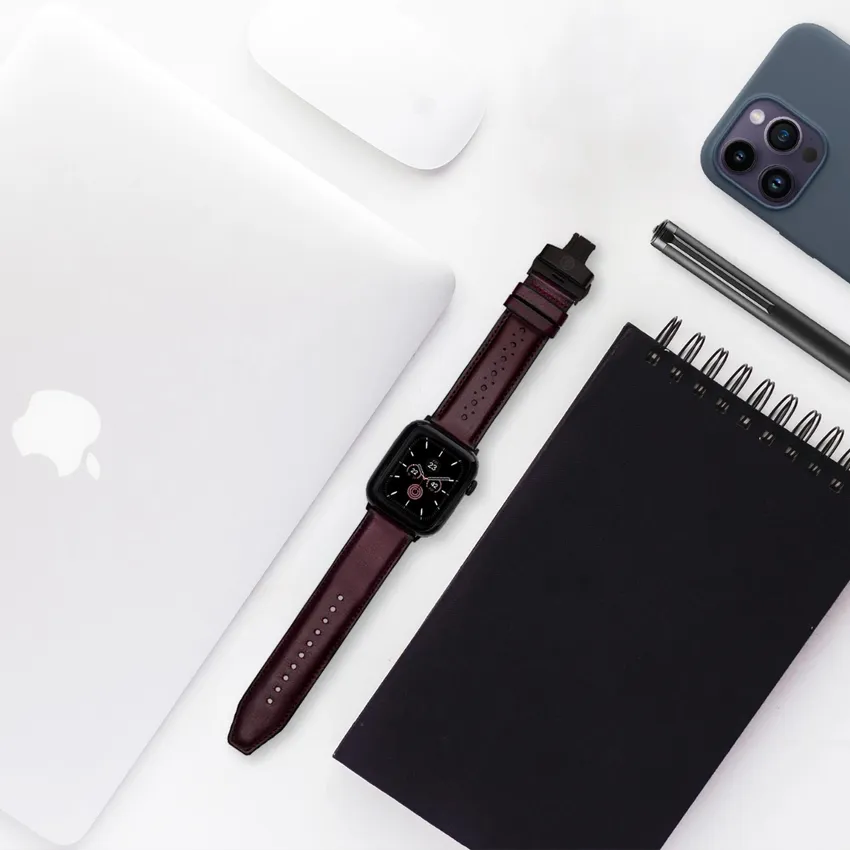 Lapis Bard Classic Leather Apple Watch Strap with Deployment - Bordeaux