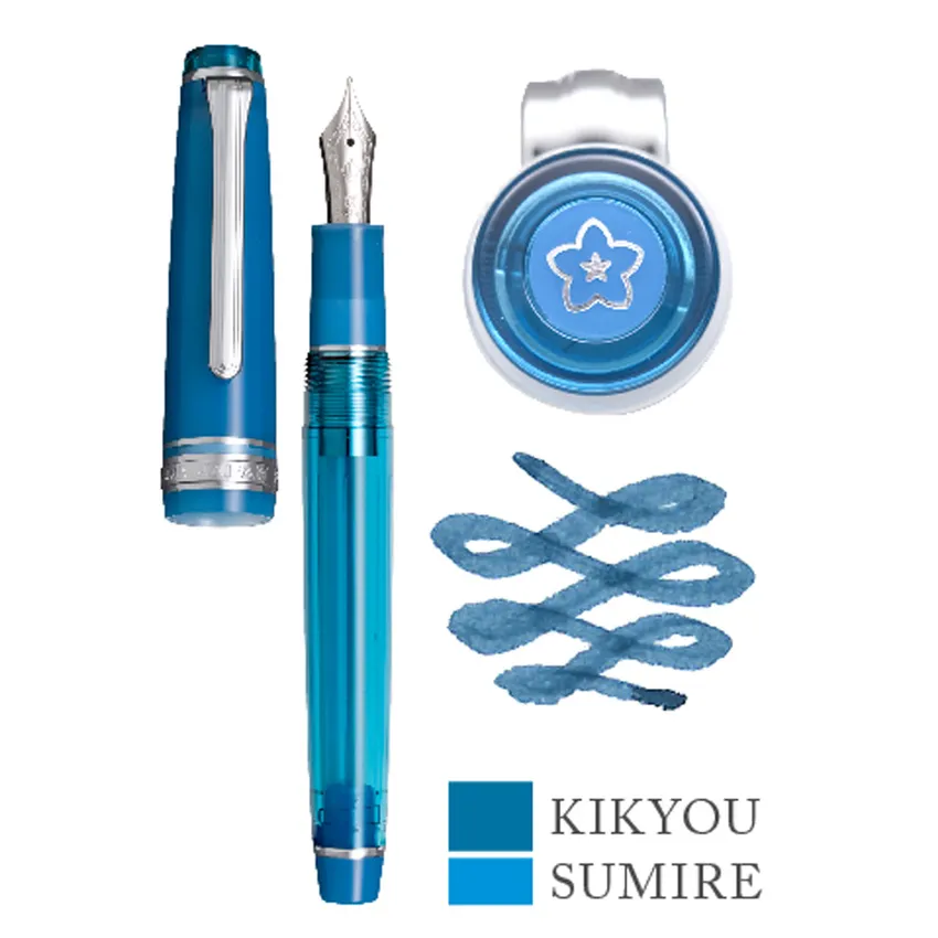 Sailor Gift Set Manyo II 'Voilet' Professional Gear Slim Fountain Pen (14K Medium) With Manyo Ink 50 ML - Blue With Rhodium Trims