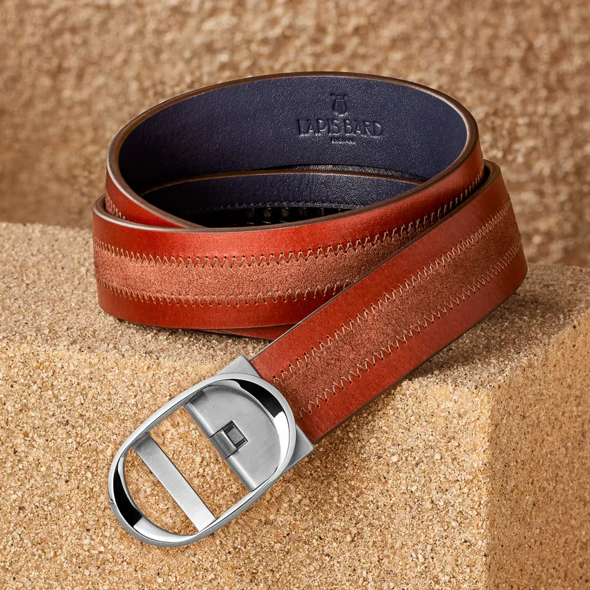 Lapis Bard Nova Belt Chrome 35 MM Buckle Dual-Toned Leather - Brown & Navy Blue