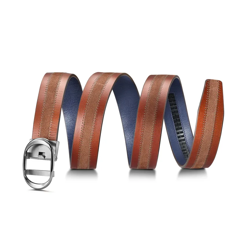 Lapis Bard Nova Belt Chrome 35 MM Buckle Dual-Toned Leather - Brown & Navy Blue